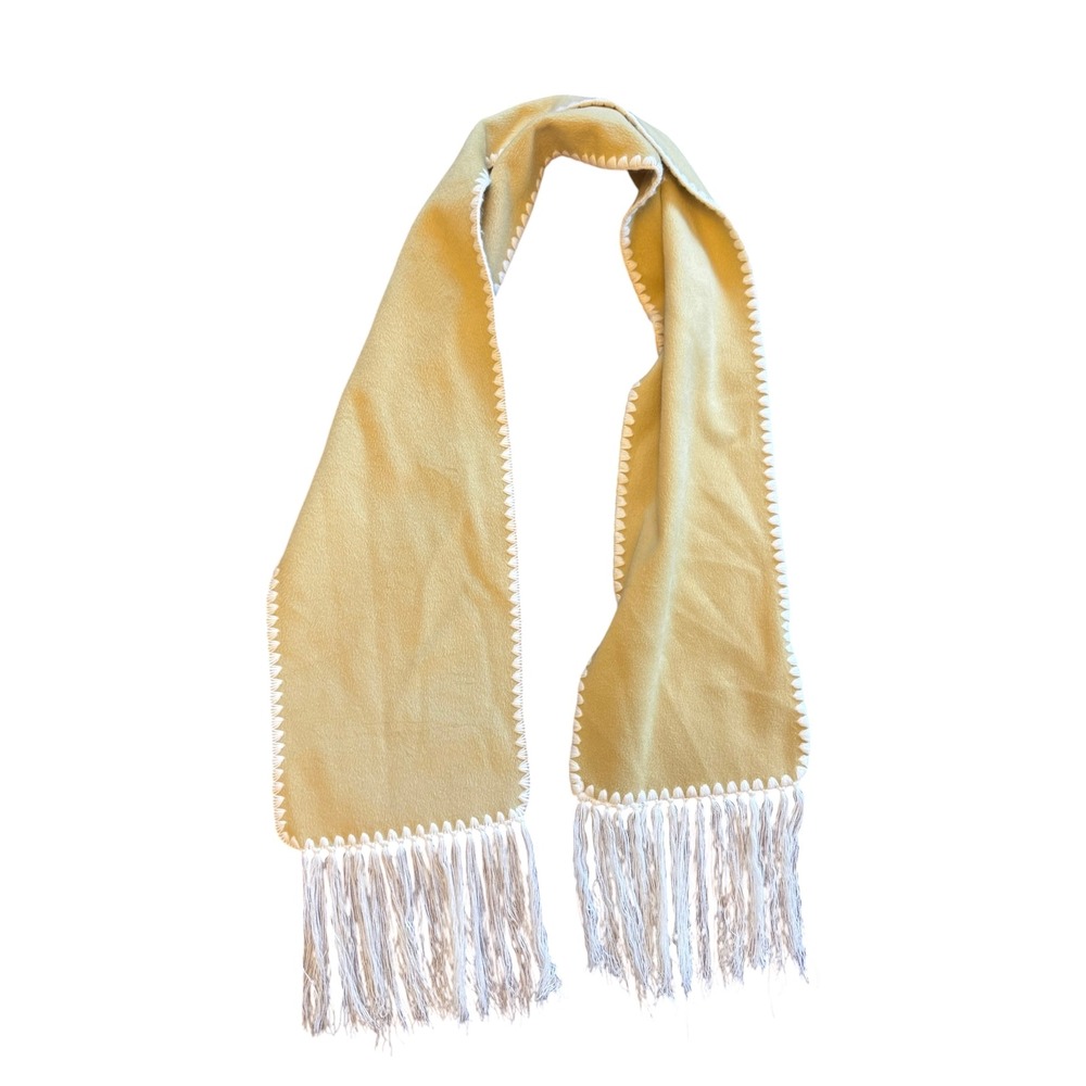 🌴 Vintage Mustard Yellow Fleece Scarf with White Whipstitch and Tassel Fringe